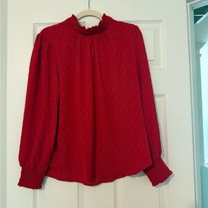 LOFT Red Ruffled Blouse with Puff Sleeves
